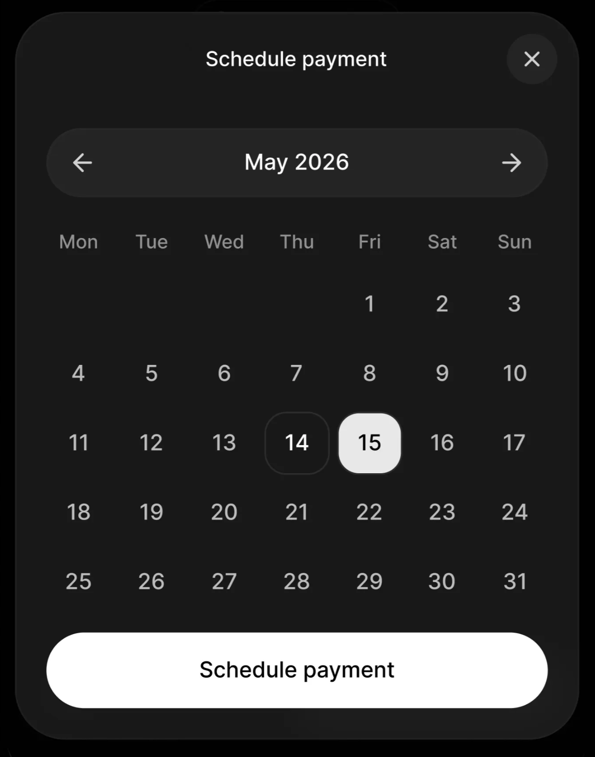 Dark Schedule Payment Modal