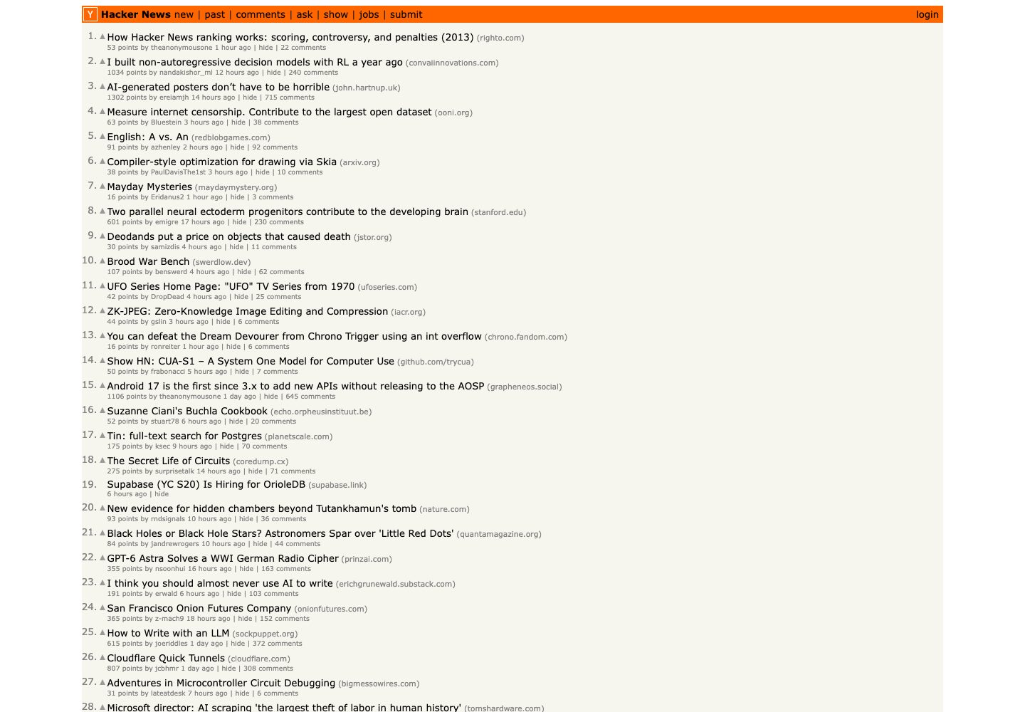 Hacker News Homepage