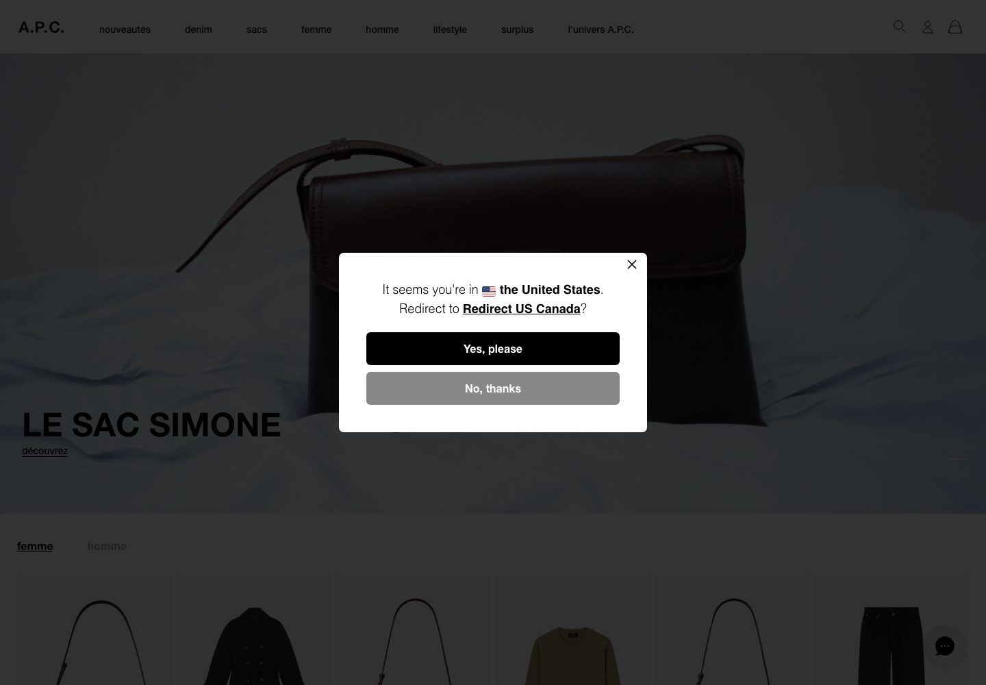 APC Homepage A.P.C. Redirect Modal