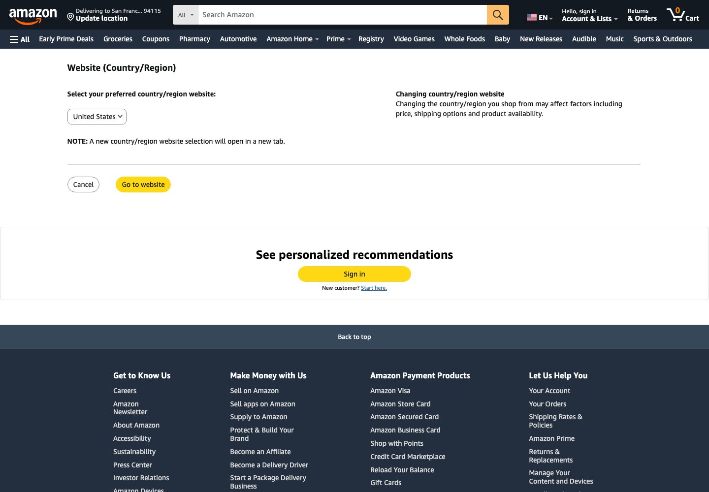 Amazon Homepage Amazon Country Selection