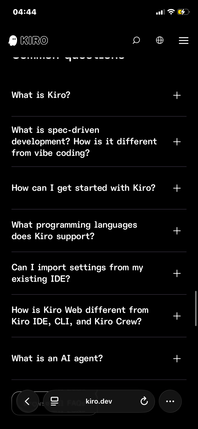 Kiro FAQ Screen